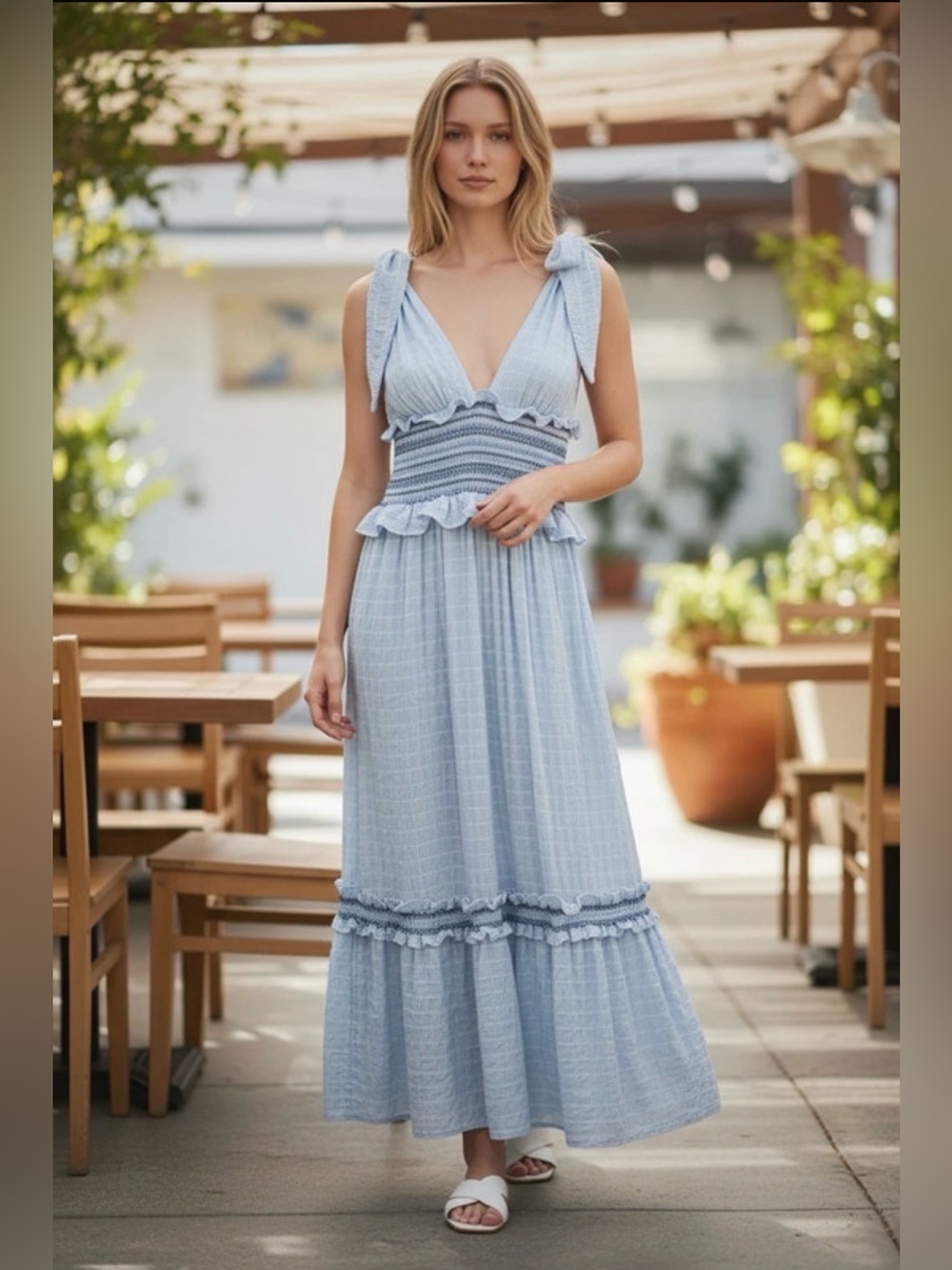 Jonathan Simkhai Smocked V- Neck Crinkly‎ Blue Dress size XS